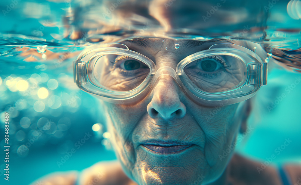 Senior's Swim. Older woman wearing goggles swimming in a pool.
