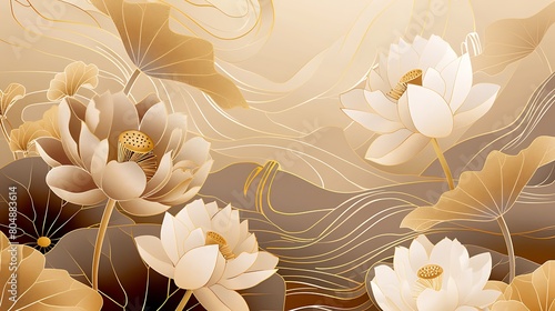 Luxury oriental flower background vector. Elegant white lotus flowers golden line art, leaves, gradient color. Design for decor, wallpaper, poster, banner, card. Generative Ai