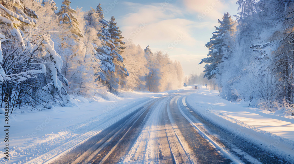 Snow covered highway in the afternoon, snow covered roadside trees create a enchanting view, Ai generated Images Snow covered highway in the afternoon, snow covered roadside trees create a enchanting view, Ai generated Images