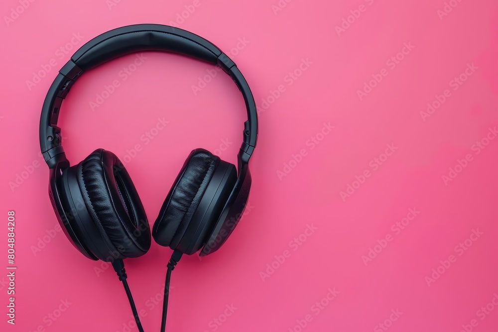 A pair of black headphones on pink background with cables. A pair of black headphones on pink background with cables.