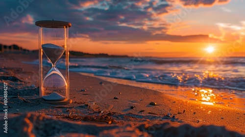 Sunset and sandy beach setting for an hourglass, studio lights isolate the symbol of dwindling working hours, evoking a poignant mood photo