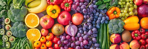 Fruits and vegetables are arranged neatly to create an attractive backdrop