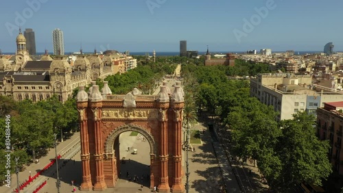 Aerial view of Arc de Triomf with Promenade Passeig de Lluís Companys in Barcelona Spain photo