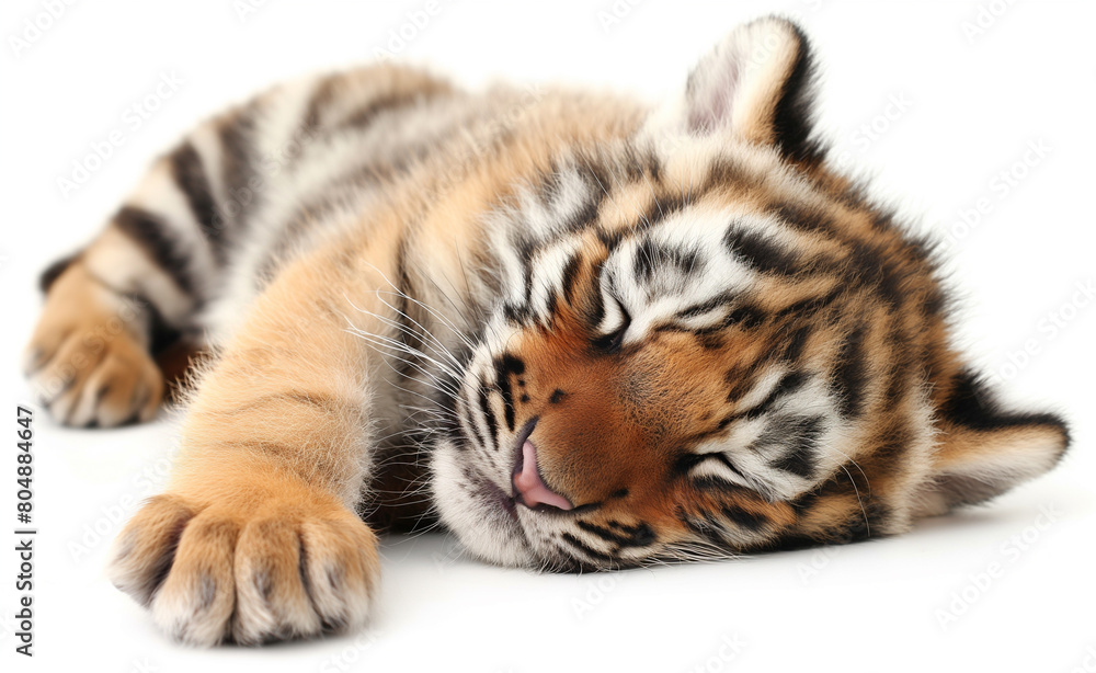 Fototapeta premium Sleeping Cute Tiger. Young Animal Resting on White Background