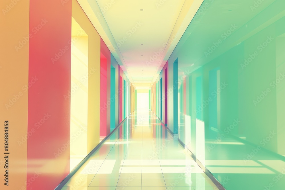 A long hallway with colorful walls and colorful flooring