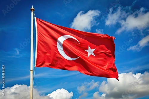 Turkish flag waving against a cloudy and blue sky background photo