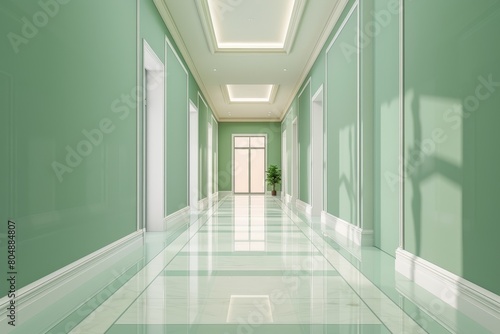 A long hallway with colorful walls and colorful flooring © Phuriphat