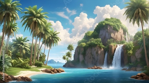 Gorgeous Tropical Island Scenery with Falling Waterfall