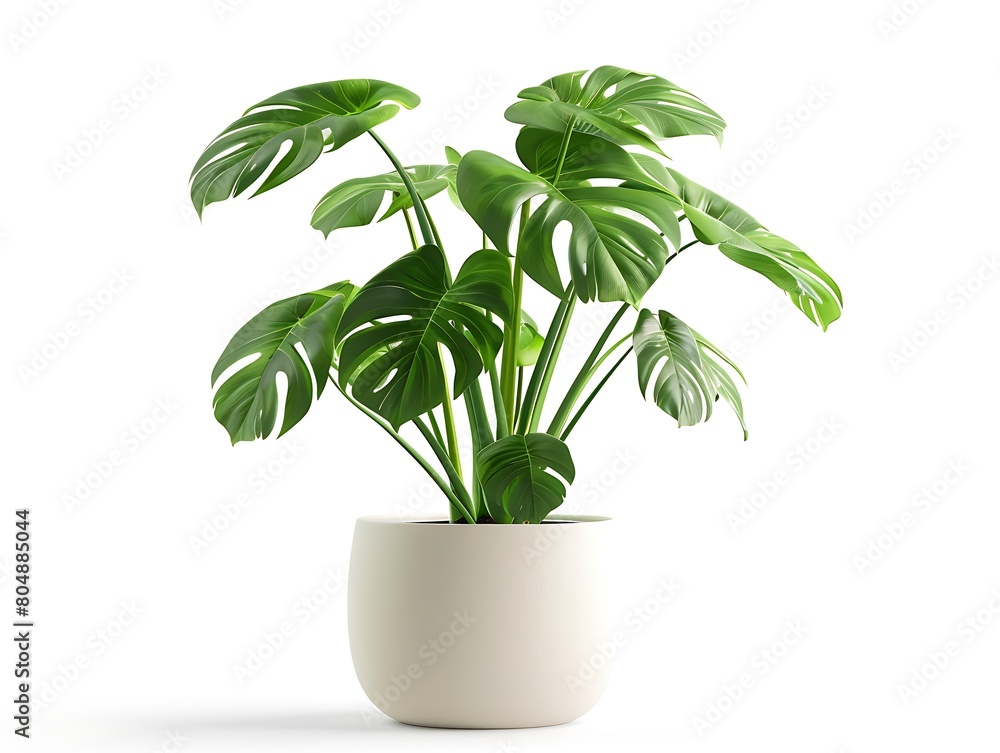Monstera Deliciosa plant in white platic pot with isolated white background. Generative Ai