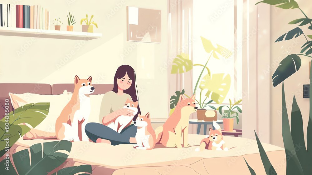 A young woman sits on a bed with her four Shiba Inu dogs. The dogs are all different colors and sizes, and they are all looking at the A young woman sits on a bed with her four Shiba Inu dogs. The dogs are all different colors and sizes, and they are all looking at the