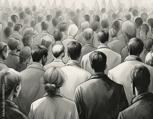 The black and white drawing shows a crowd of people and we can only see their backs. The concept of depersonalization of the masses, as all people are gray and stand densely in space. Illustration photo