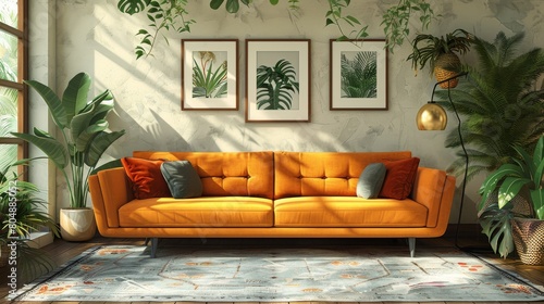 Modern home interior design hand drawn modern illustration with vintage furniture, sofa, chair, floor lamp, and houseplants. photo