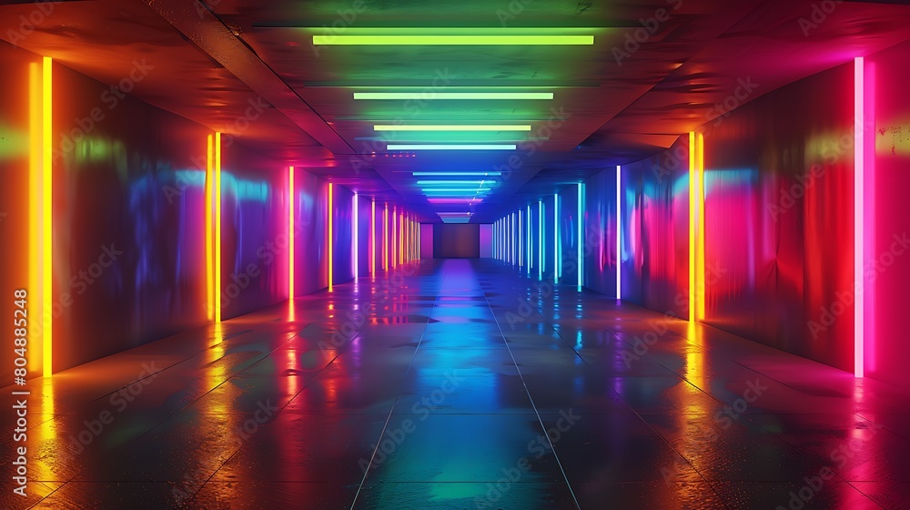 Multicolored neon lamps in a dark tunnel. Reflections on the walls. 3d rendering image. Generative Ai