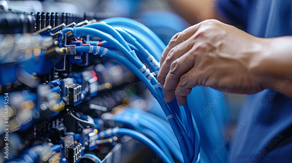 a man in a blue shirt works on a machine, holding a blue object in his hand while his other hand is visible in the foreground a man in a blue shirt works on a machine, holding a blue object in his hand while his other hand is visible in the foreground