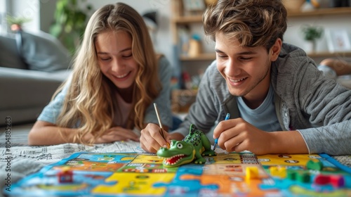 Modern illustration of smiling friends playing crocodile game at home. Woman drawing picture and people guessing it in the background. Smiling person spending time with friends. photo