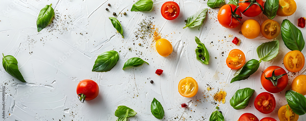 Fresh organic tomatoes and basil herb leaves on a white background with copy space. Fresh organic tomatoes and basil herb leaves on a white background with copy space.