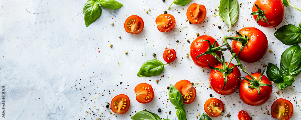 Fresh organic tomatoes and basil herb leaves on a white background with copy space. Fresh organic tomatoes and basil herb leaves on a white background with copy space.
