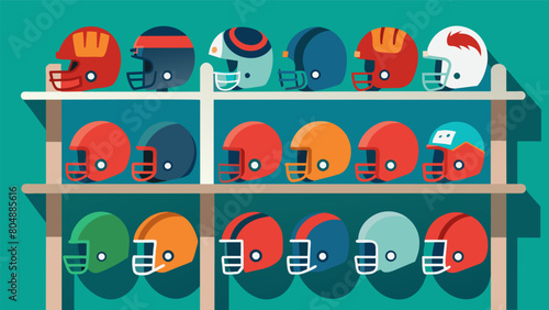 A rack of used football pads and helmets each with a unique story and a potential new owner.. Vector illustration