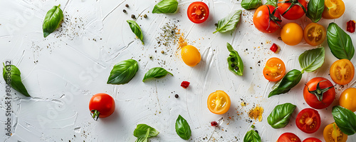 Fresh organic tomatoes and basil herb leaves on a white background with copy space.