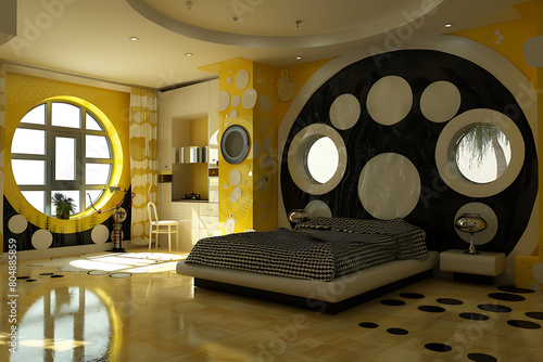black and yellow futuristic bedroom with metallic accents and floating bed.
