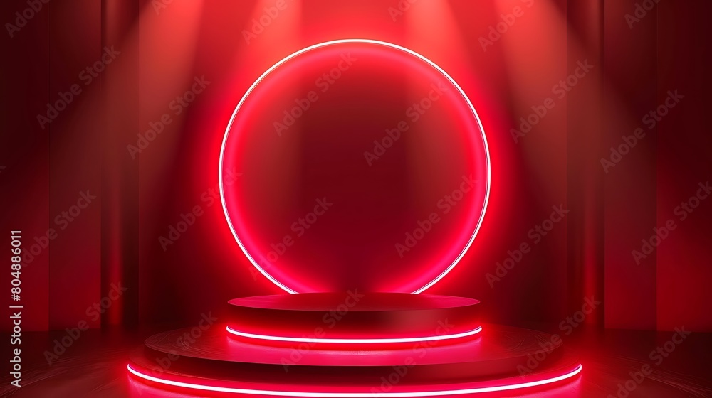 Neon show light podium red background. illustration. Generative Ai Neon show light podium red background. illustration. Generative Ai