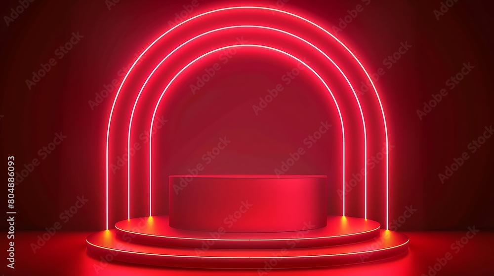 Neon show light podium red background. illustration. Generative Ai Neon show light podium red background. illustration. Generative Ai