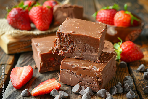 Indulgent dessert dark chocolate fudge with strawberries.