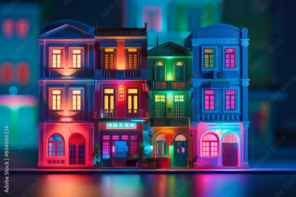 A colorful building with neon lights on the windows
