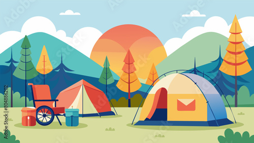 A campground offering accessible and modified tents for guests with physical or sensory disabilities providing an alternative option to traditional. Vector illustration