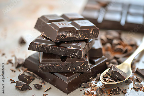 A pile of chocolate bars on a table with a spoonful of chocolate.