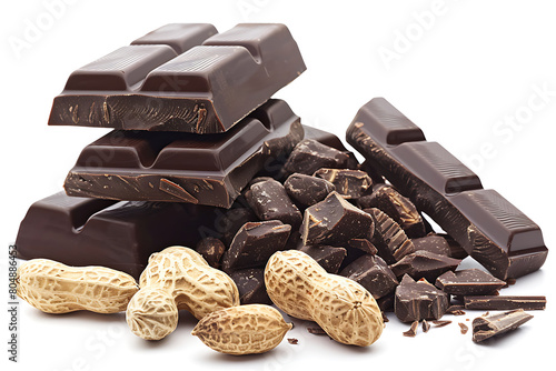 Lots of broken chocolate bars and some peanuts on top on white background.