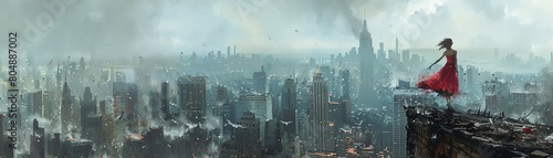 Immerse in the eerie beauty of a panoramic view of a dystopian cityscape photo