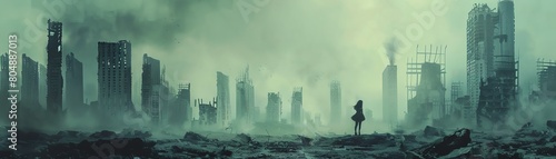 Immerse in the eerie beauty of a panoramic view of a dystopian cityscape photo