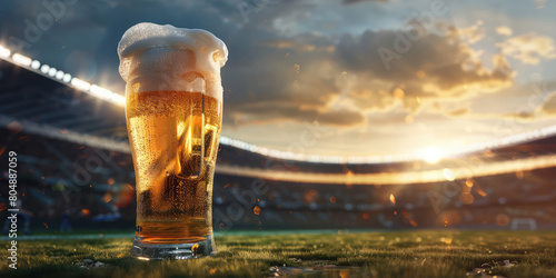 Glass of beer on grass at soccer stadium. photo