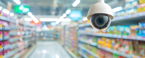 Security Camerain on a supermarket with blurred background with copy space. photo