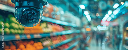 Security Camerain on a supermarket with blurred background with copy space. photo