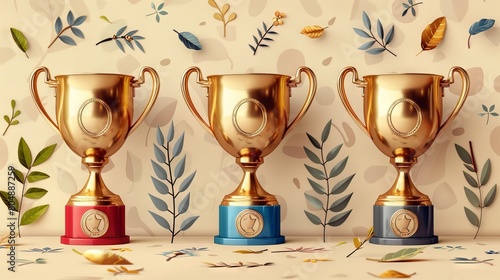 Medals and winner cups pattern repeated at random. Endless background with gold sporting trophies, prizes and awards. Repetitive background with gold, silver, bronze awards. Colored flat modern photo