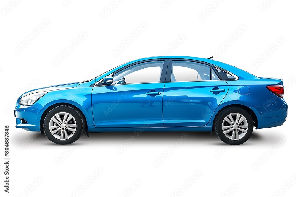 Passenger blue car isolated on a white background. Focus stacking, side view. Generative Ai Passenger blue car isolated on a white background. Focus stacking, side view. Generative Ai