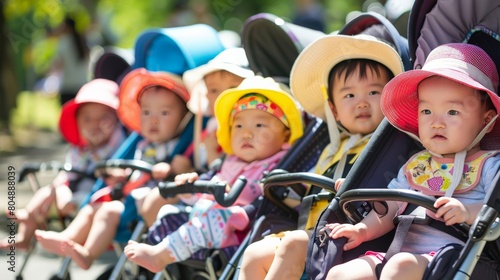 Group of babies in a stroller parade, showcasing cute sun hats and summer dresses © Sasint