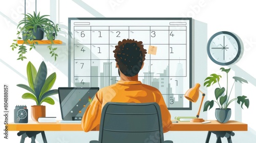 A work and holiday timetable is shown on a calendar. Effective time management and organization is demonstrated through effective time management. Flat graphic modern illustration isolated on white. © DZMITRY
