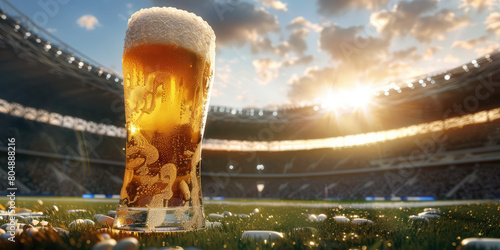 Glass of beer on grass at stadium. photo