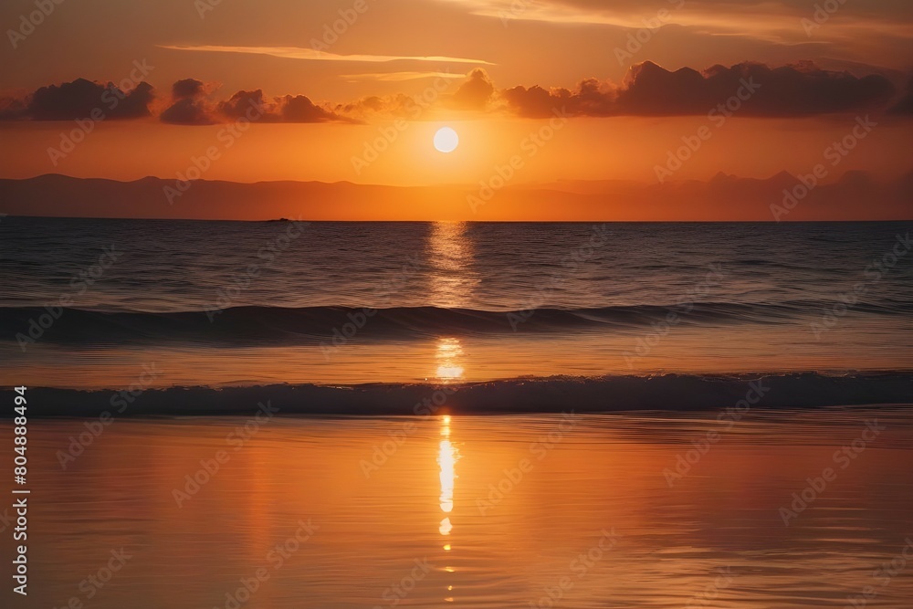 Fototapeta premium Serene beach sunset with gentle ocean waves, yellow and golden sky, perfect for themes of peace, nature and travel. generative ai
