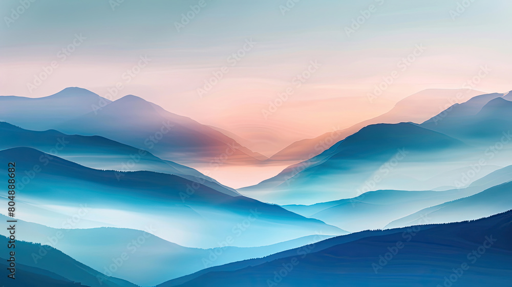 Abstract nature background with mountain range with blue sky and a pink sunset