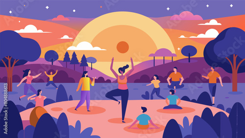 As the sun sets the park transforms into a quiet disco yoga oasis where participants flow to the beat of their own music in peaceful harmony.. Vector illustration