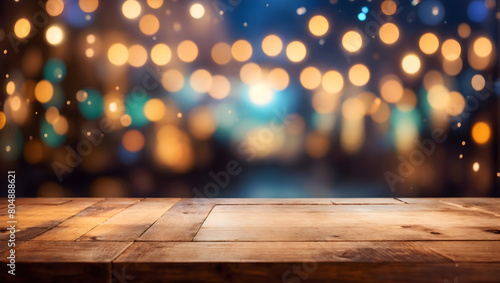 Image of empty wooden table in front of abstract blurred bokeh lights background