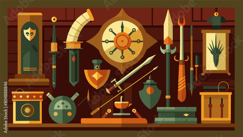 You come across a corner of the shop dedicated to antique weaponry admiring the intricate designs and imagining the battles they may have witnessed.. Vector illustration