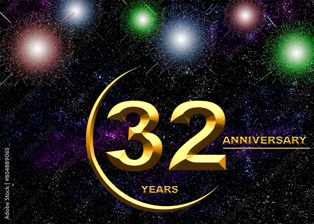 3d illustration, 32 anniversary. golden numbers on a festive background. poster or card for anniversary celebration, party 3d illustration, 32 anniversary. golden numbers on a festive background. poster or card for anniversary celebration, party