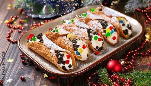 Indulge in the delectable taste of cannoli pastries, crispy tube-shaped shells filled with a sweet creamy filling and adorned with a colorful sprinkle topping.