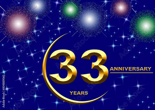 3d illustration, 33 anniversary. golden numbers on a festive background. poster or card for anniversary celebration, party
