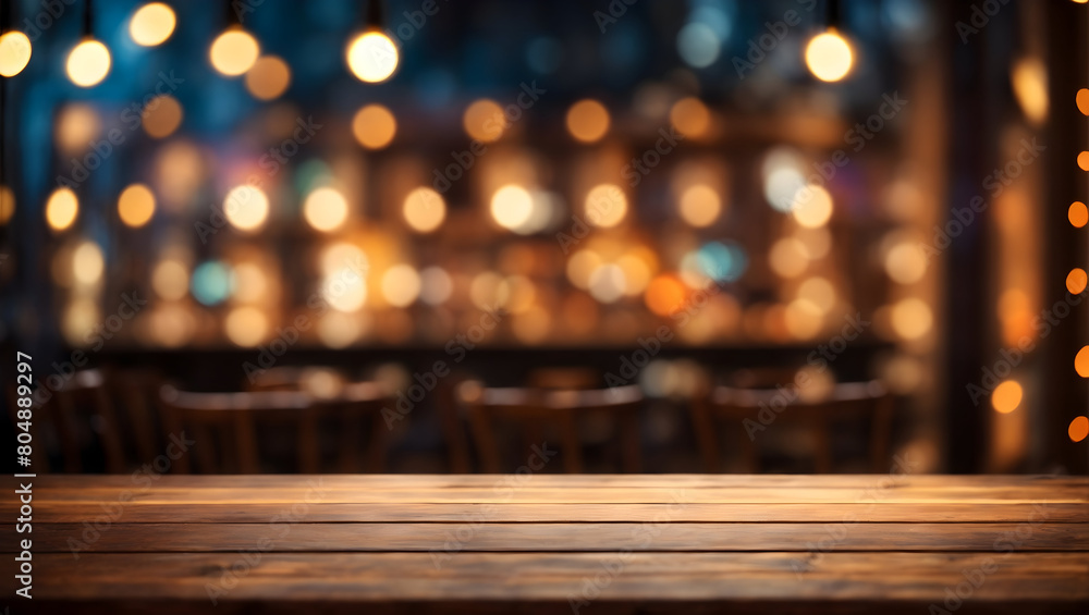 Image of empty wooden table in front of abstract blurred bokeh lights background